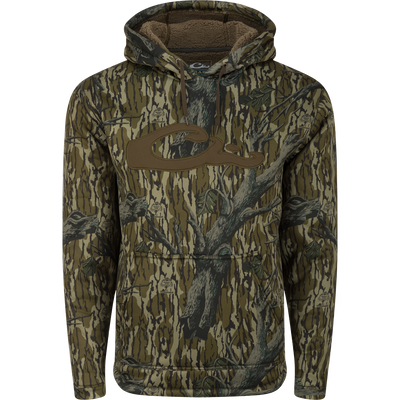 The LST Silencer Fleece-Lined Hoodie by Waterfowl in Mossy Oak Original Treestand features a stylized chest logo, long sleeves, front pocket, and fleece lining for warmth—ideal for outdoor or hunting use.