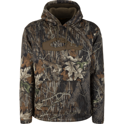The Waterfowl LST Silencer Fleece-Lined Hoodie in Mossy Oak Original Break Up features a camo design, front pocket, fleece lining for warmth, and a bold chest logo.