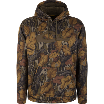 The LST Silencer Fleece-Lined Hoodie by Waterfowl in Mossy Oak Fall Foliage features a large front pocket, drawstring hood, and embroidered logo, with fleece lining for warmth and a leafy branch camo pattern.