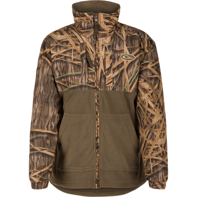 The Youth MST Eqwader Full Zip Jacket by Waterfowl features camo print, zip front, high collar, two pockets, and olive green lower half—perfect for your next waterfowl adventure.