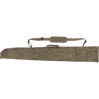 The Waterfowl Side-Opening Gun Case in Mossy Oak Bottomland features a padded shoulder strap and handle for comfortable firearm transport and protection.