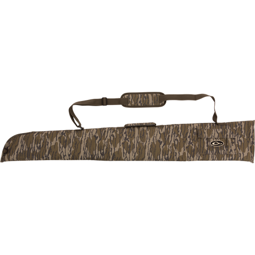 Alt text: Side-Opening Gun Case in rugged HD2™ material with nylon interior. Features adjustable strap, top handle, and choke tube pocket. Ideal for shotguns up to 52 length. From Drake Waterfowl.