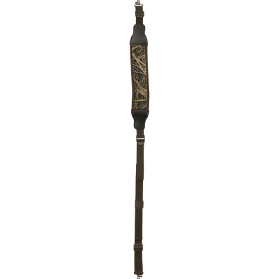 The Waterfowl Gun Sling with Clip features a camouflage neoprene design, padded shoulder support, adjustable brown straps, and metal clips at both ends, shown on a white background.