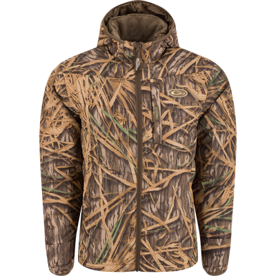 The Waterfowl MST Synthetic Down Hooded Jacket in Mossy Oak Original Shadow Grass is an insulated, zip-up camo jacket designed for outdoor use, resembling tall grass or reeds.