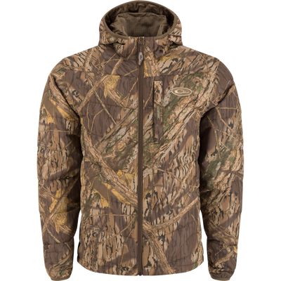 MST Synthetic Down Hooded Jacket with horizontal baffle design, insulated hood, and Magnattach™ pocket, ideal for warmth during hunting or camping.