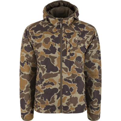 The Waterfowl MST Synthetic Down Hooded Jacket in Old School Sport camo features insulation, a hood, front zipper, two side pockets, and a small Oakley logo on the chest, shown on a white background.