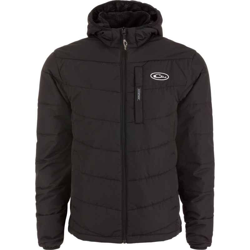 MST Synthetic Down Hooded Jacket with quilted design, full zipper, Magnattach™ chest pocket, elastic cuffs, and drawcord waist, ideal for hunting or camping.