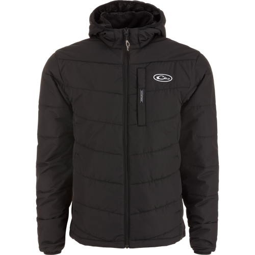 MST Synthetic Down Hooded Jacket with quilted design, full zipper, Magnattach™ chest pocket, elastic cuffs, and drawcord waist, ideal for hunting or camping.