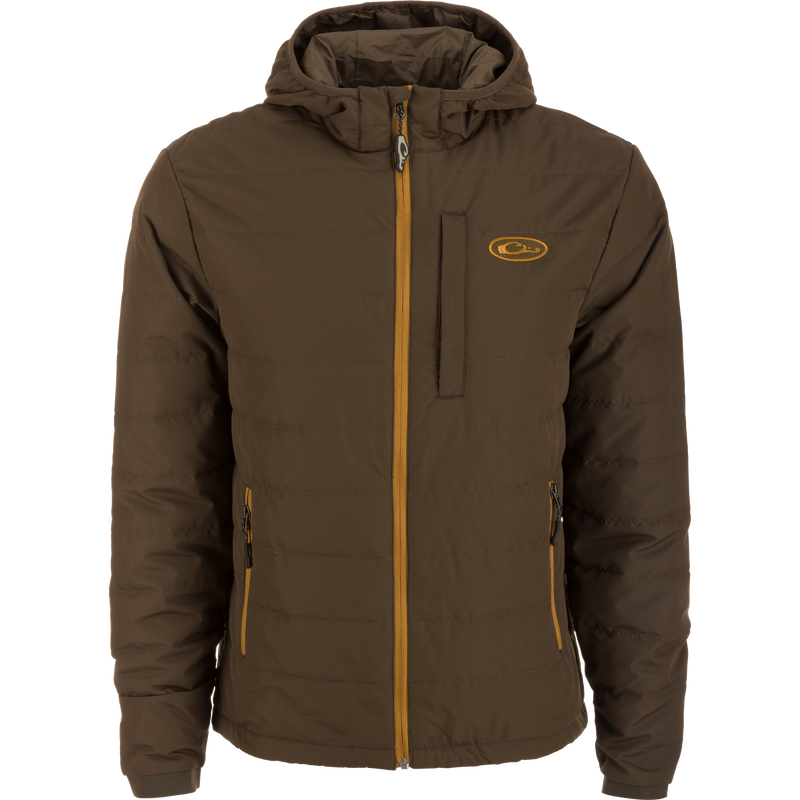 MST Synthetic Down Hooded Jacket with quilted stitching, insulated hood, elasticized cuffs, and Magnattach™ chest pocket, ideal for hunting or camping warmth.