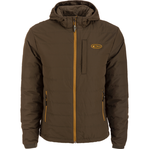 MST Synthetic Down Hooded Jacket with quilted stitching, insulated hood, elasticized cuffs, and Magnattach™ chest pocket, ideal for hunting or camping warmth.