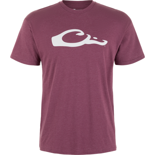 The Drake Graphic Logo T-Shirt by Lifestyle is a burgandy dark heather short-sleeve tee featuring a large white abstract logo on the chest, crafted from a soft cotton-polyester blend and shown on a plain white background.