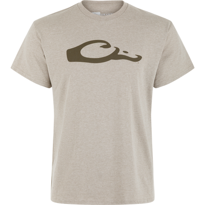 Drake Graphic Logo T-Shirt by Lifestyle in Cobblestone Light Heather, featuring a dark brown abstract whale logo on soft cotton-poly blend. Displayed on a plain white background.