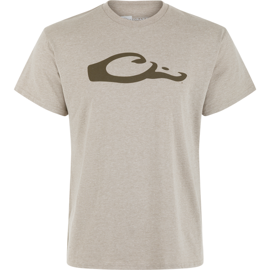 Drake Graphic Logo T-Shirt by Lifestyle in Cobblestone Light Heather, featuring a dark brown abstract whale logo on soft cotton-poly blend. Displayed on a plain white background.