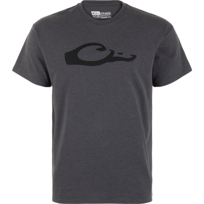 The Drake Graphic Logo T-Shirt by Lifestyle features a stylized black whale logo on the chest. In Charcoal Heather, this soft cotton-poly crew neck offers lightweight comfort and simple style.