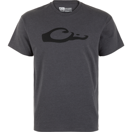 The Drake Graphic Logo T-Shirt by Lifestyle features a stylized black whale logo on the chest. In Charcoal Heather, this soft cotton-poly crew neck offers lightweight comfort and simple style.