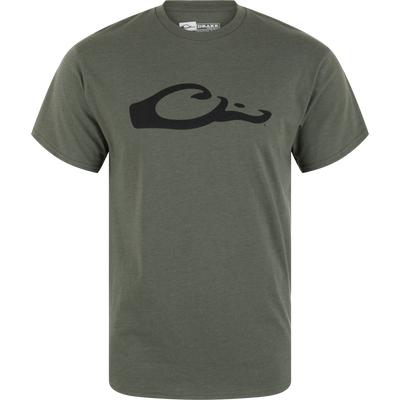 The Drake Graphic Logo T-Shirt by Lifestyle in Deep Depths Dark Heather features a large black wave graphic, crew neckline, relaxed fit, and is made from a soft cotton polyester blend.