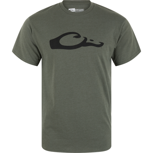 The Drake Graphic Logo T-Shirt by Lifestyle in Deep Depths Dark Heather features a large black wave graphic, crew neckline, relaxed fit, and is made from a soft cotton polyester blend.