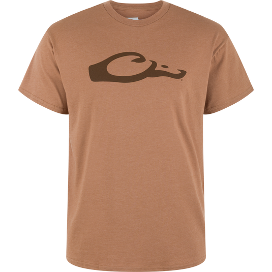 The Drake Graphic Logo T-Shirt by Lifestyle comes in Golden Pecan with a dark brown wave-inspired logo on the chest, featuring short sleeves and a crew neckline for a lightweight feel.