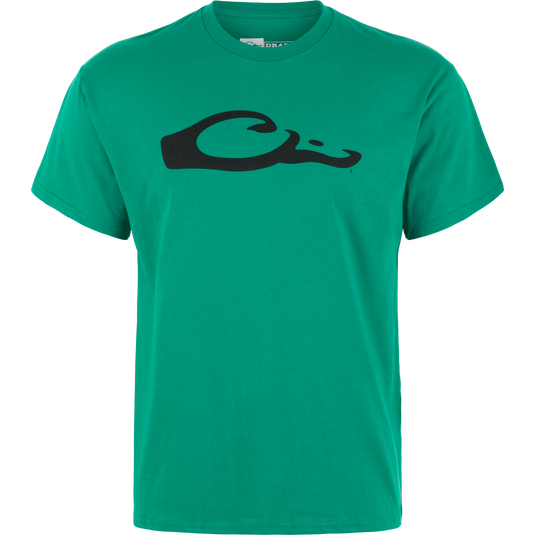 The Drake Graphic Logo T-Shirt by Lifestyle is a green, lightweight cotton-poly blend, with a bold black stylized logo on the chest, shown against a plain white background.