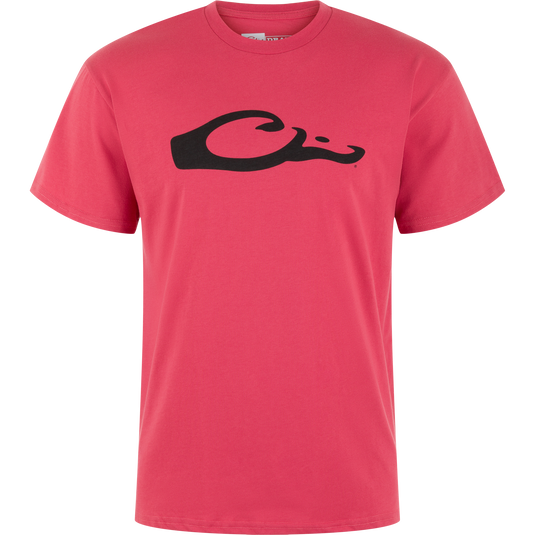 The Drake Graphic Logo T-Shirt by Lifestyle is a red, lightweight cotton-poly blend tee with a bold black Drake graphic across the chest, shown on a white background.
