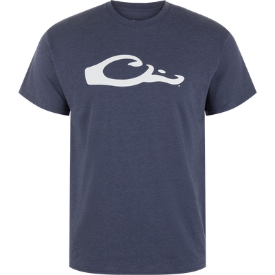 The Drake Graphic Logo T-Shirt by Lifestyle in Night Sky Navy Heather features a large white abstract Drake graphic on the chest, shown against a plain white background.