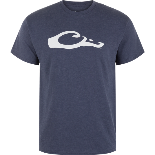 The Drake Graphic Logo T-Shirt by Lifestyle in Night Sky Navy Heather features a large white abstract Drake graphic on the chest, shown against a plain white background.