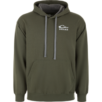 Olive green cotton-blend fleece Drake Holiday Quack Logo Hoodie with grey drawstrings and a white duck logo on the chest.