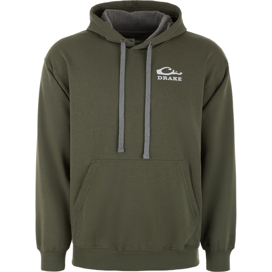 Olive green cotton-blend fleece Drake Holiday Quack Logo Hoodie with grey drawstrings and a white duck logo on the chest.