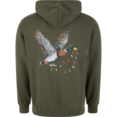 Deep Lichen Drake Holiday Quack Logo Hoodie featuring a graphic on the back of a mallard duck carrying a string of Christmas lights in its beak.