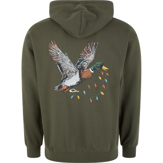 Deep Lichen Drake Holiday Quack Logo Hoodie featuring a graphic on the back of a mallard duck carrying a string of Christmas lights in its beak.