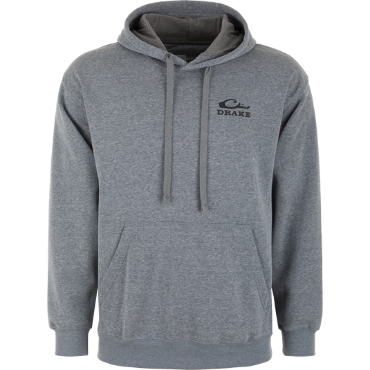 Gray Drake Xmas Holiday Logo Hoodie with a drawstring hood, front kangaroo pocket, and a dark logo featuring a duck silhouette above the text DRAKE on the chest.