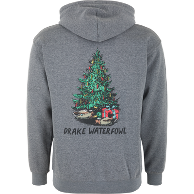 Graphite Heather Drake Xmas Holiday Logo Hoodie shown from the back, featuring a graphic of a decorated Christmas tree, two ducks, and a gift box above the text DRAKE WATERFOWL.