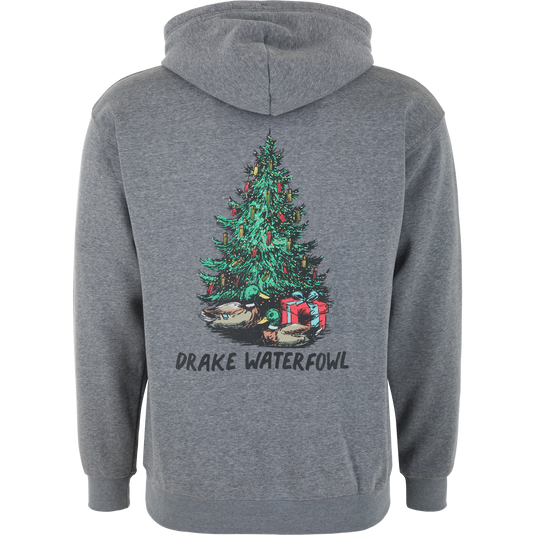 Graphite Heather Drake Xmas Holiday Logo Hoodie shown from the back, featuring a graphic of a decorated Christmas tree, two ducks, and a gift box above the text DRAKE WATERFOWL.