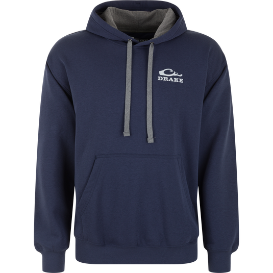 Navy blue Drake Santa Holiday Logo Hoodie featuring a grey hood lining, matching drawstrings, and a white duck logo on the left chest.