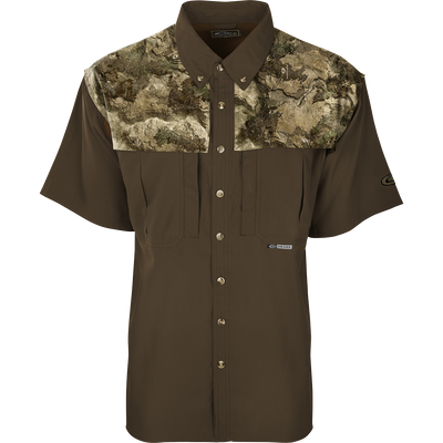 Close-up of the EST Camo Flyweight Wingshooter's Short Sleeve Shirt, featuring buttons, collar, and chest pockets, designed for lightweight, breathable performance in early season hunting.