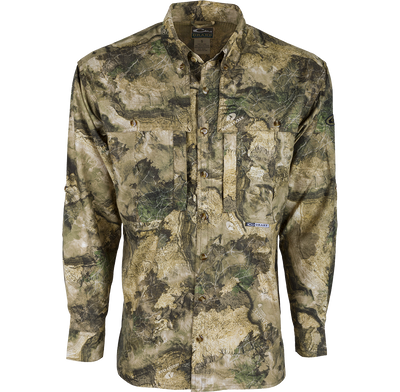 EST Camo Flyweight Wingshooter's Long Sleeve Shirt with camouflage pattern, featuring vented mesh back, Magnattach chest pocket, and quick-drying, breathable polyester fabric for early season hunting.