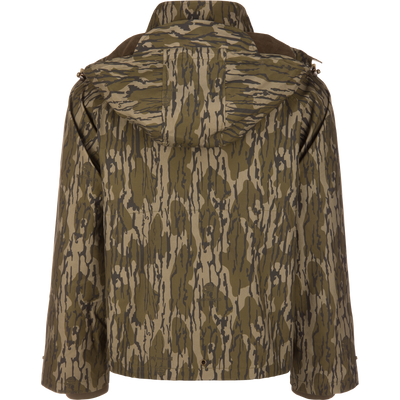 Back view of the camo-patterned hooded MST Drake Dry Waxed Cotton Wading Jacket.