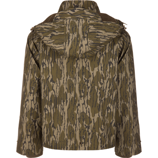 Back view of the camo-patterned hooded MST Drake Dry Waxed Cotton Wading Jacket.