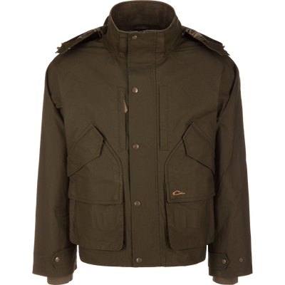 Olive green MST Drake Dry Waxed Cotton Wading Jacket with a stand-up collar, snap-button closure, and multiple utility pockets.