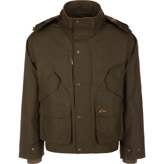 Olive green MST Drake Dry Waxed Cotton Wading Jacket with a stand-up collar, snap-button closure, and multiple utility pockets.