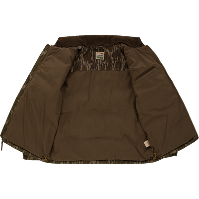 An open, insulated LST Insulated Waxed Cotton Jacket featuring a featherless down fill, a camouflage pattern, and a brown fleece interior lining.