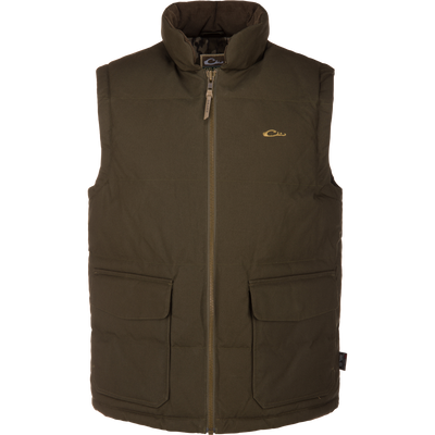 The LST Insulated Waxed Cotton Vest by Waterfowl is an olive, sleeveless, zip-front vest with two large front pockets and a small embroidered logo. Its high-collar padded design keeps you warm outdoors.