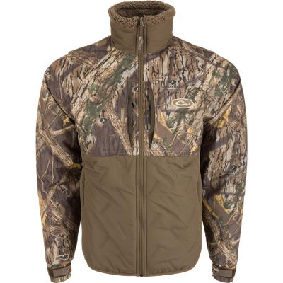 LST Guardian Flex Double Down Eqwader Full Zip Jacket with camouflage pattern, showcasing windproof, waterproof upper body, and abrasion-resistant lower body with advanced insulation and protection features.