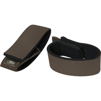 A pair of brown and black Waterfowl Ankle Garters with Velcro closures, crafted from stretch neoprene—ideal for use as ankle garters or wader accessories.