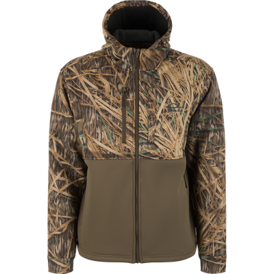 The Waterfowl MST Hole Shot Hooded Windproof Eqwader Full Zip Jacket in Mossy Oak Original Shadow Grass Two-Tone features a camo top, solid olive lower half, side pockets, and windproof protection for style and function.