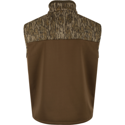 Back view of the MST Hole Shot Two-Tone Eqwader Vest by Waterfowl featuring a brown body with a textured, camouflage-patterned yoke across the shoulders and collar.