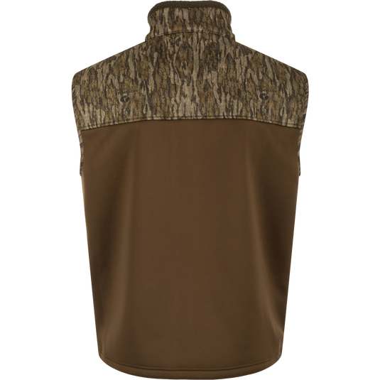 Back view of the MST Hole Shot Two-Tone Eqwader Vest by Waterfowl featuring a brown body with a textured, camouflage-patterned yoke across the shoulders and collar.