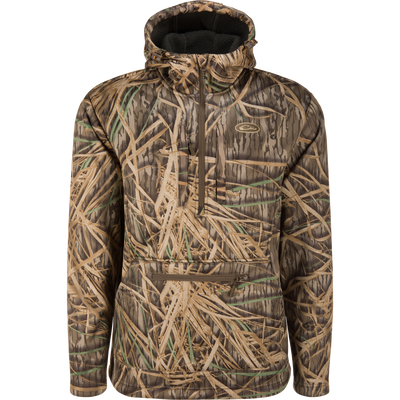 The MST BMF Ultimate Wader Quarter Zip Hoodie by Waterfowl features a camo pattern in brown, tan, and green with a front pocket and zip—ideal breathable outerwear, shown on a plain white background.