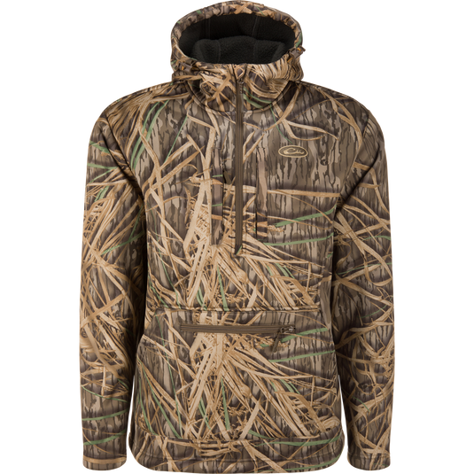 The MST BMF Ultimate Wader Quarter Zip Hoodie by Waterfowl features a camo pattern in brown, tan, and green with a front pocket and zip—ideal breathable outerwear, shown on a plain white background.