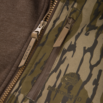MST Heritage Hybrid Windproof Jacket close-up showcasing camo print, brown knit, and dual YKK zippers with leather pull tabs, highlighting rugged design and functional outdoor features.
